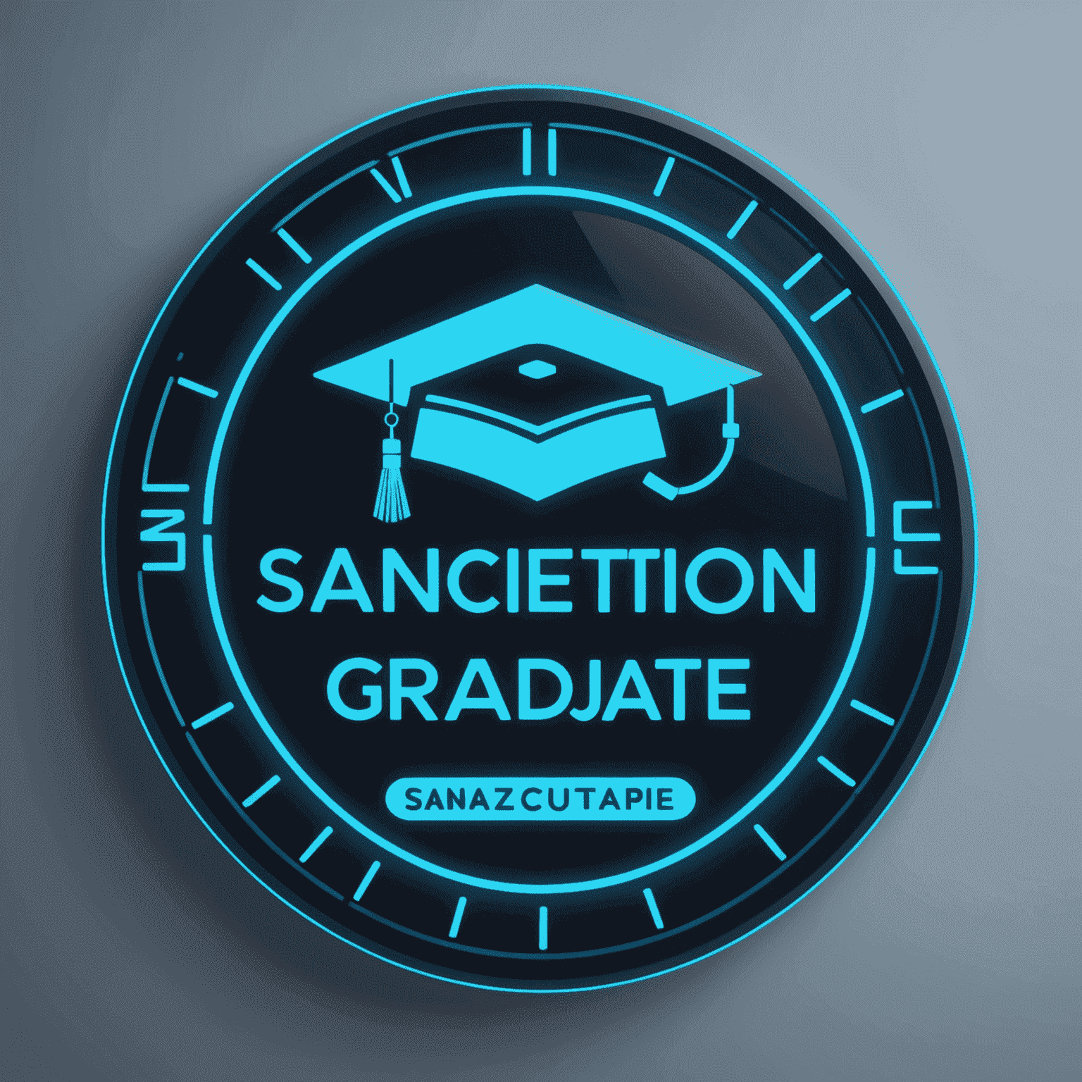 SanctionGraduate Logo - A futuristic, neon blue text with a broken phone icon