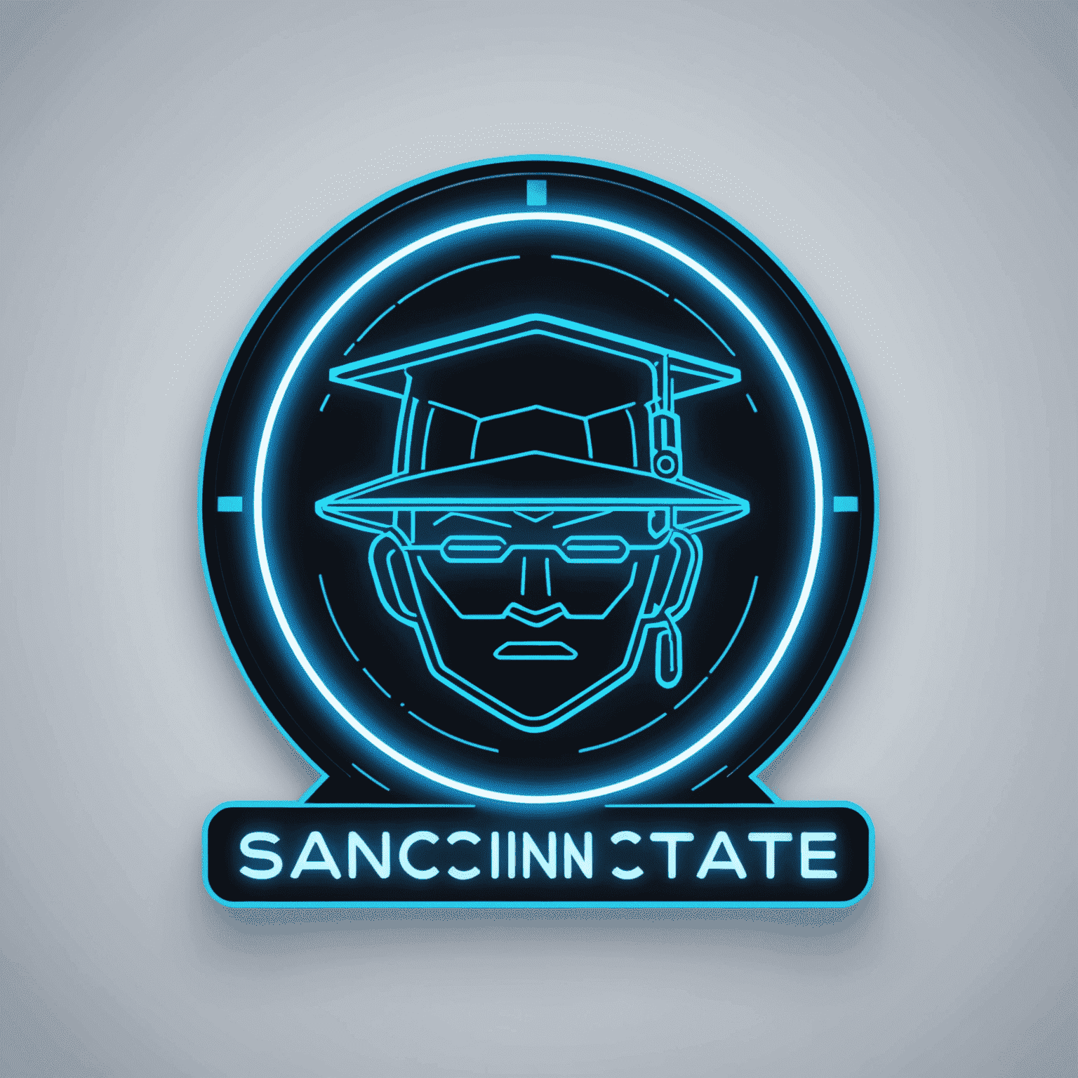 SanctionGraduate Logo - A futuristic, neon blue text with a broken phone icon