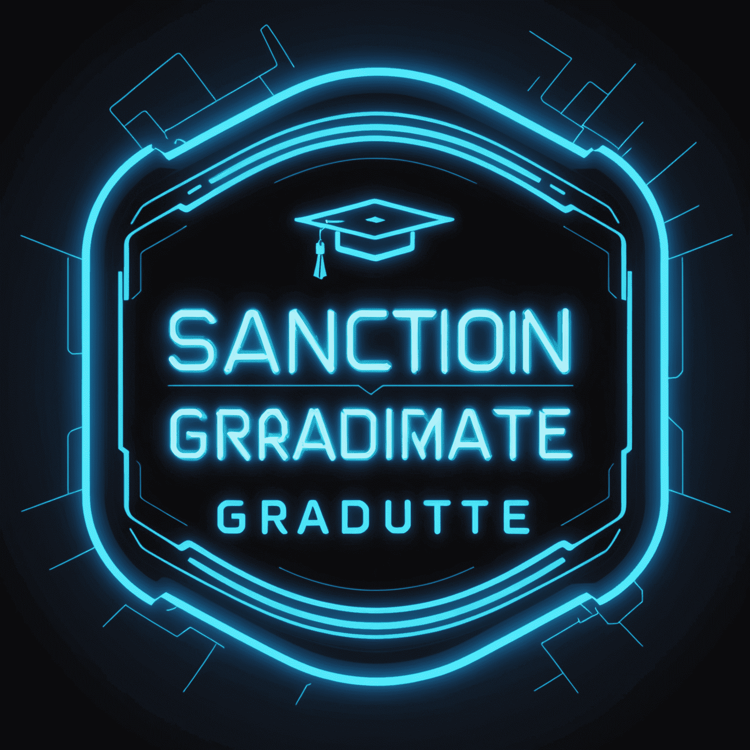 SanctionGraduate Logo - A futuristic, neon blue text with a broken phone icon