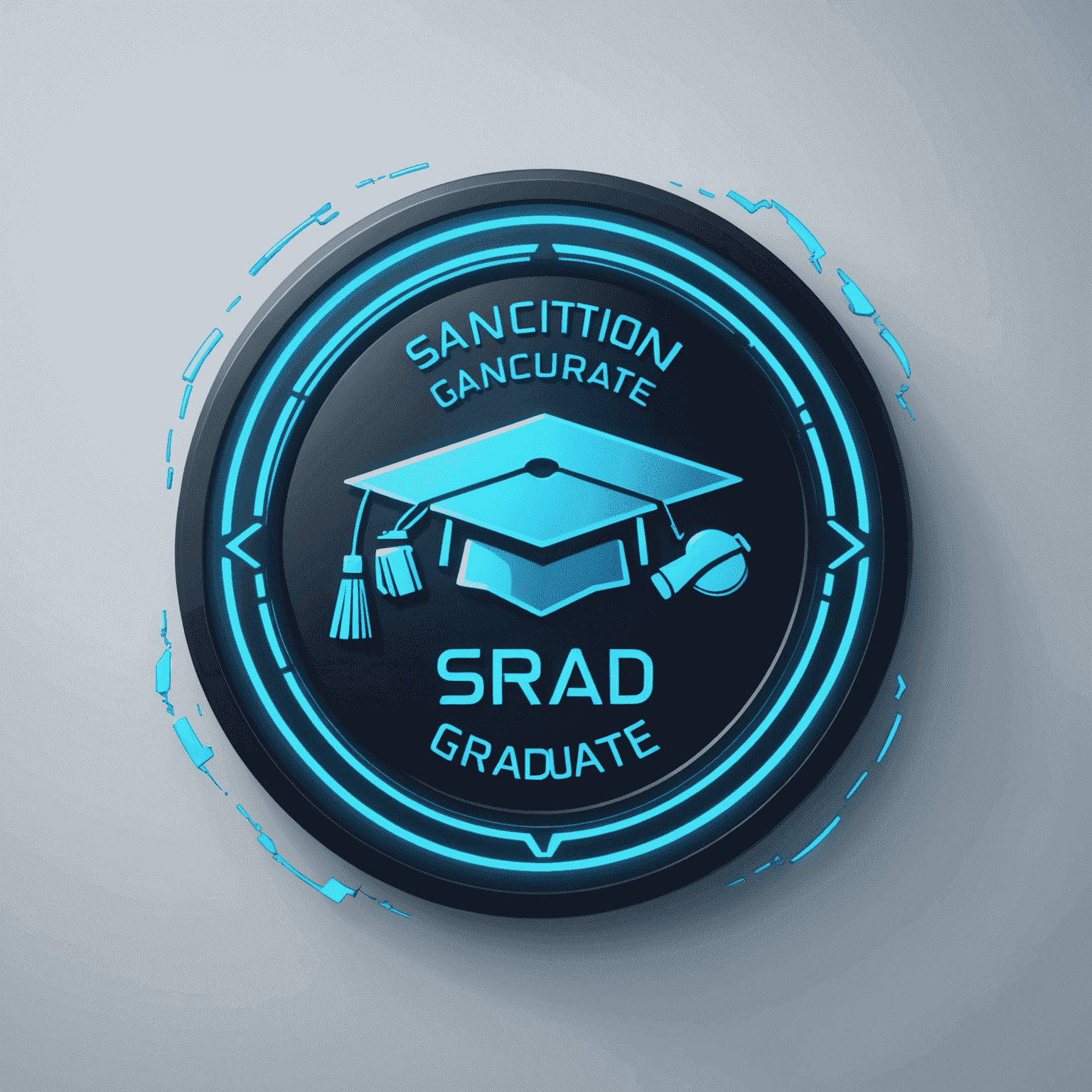 SanctionGraduate Logo - A futuristic, neon blue text with a broken phone icon