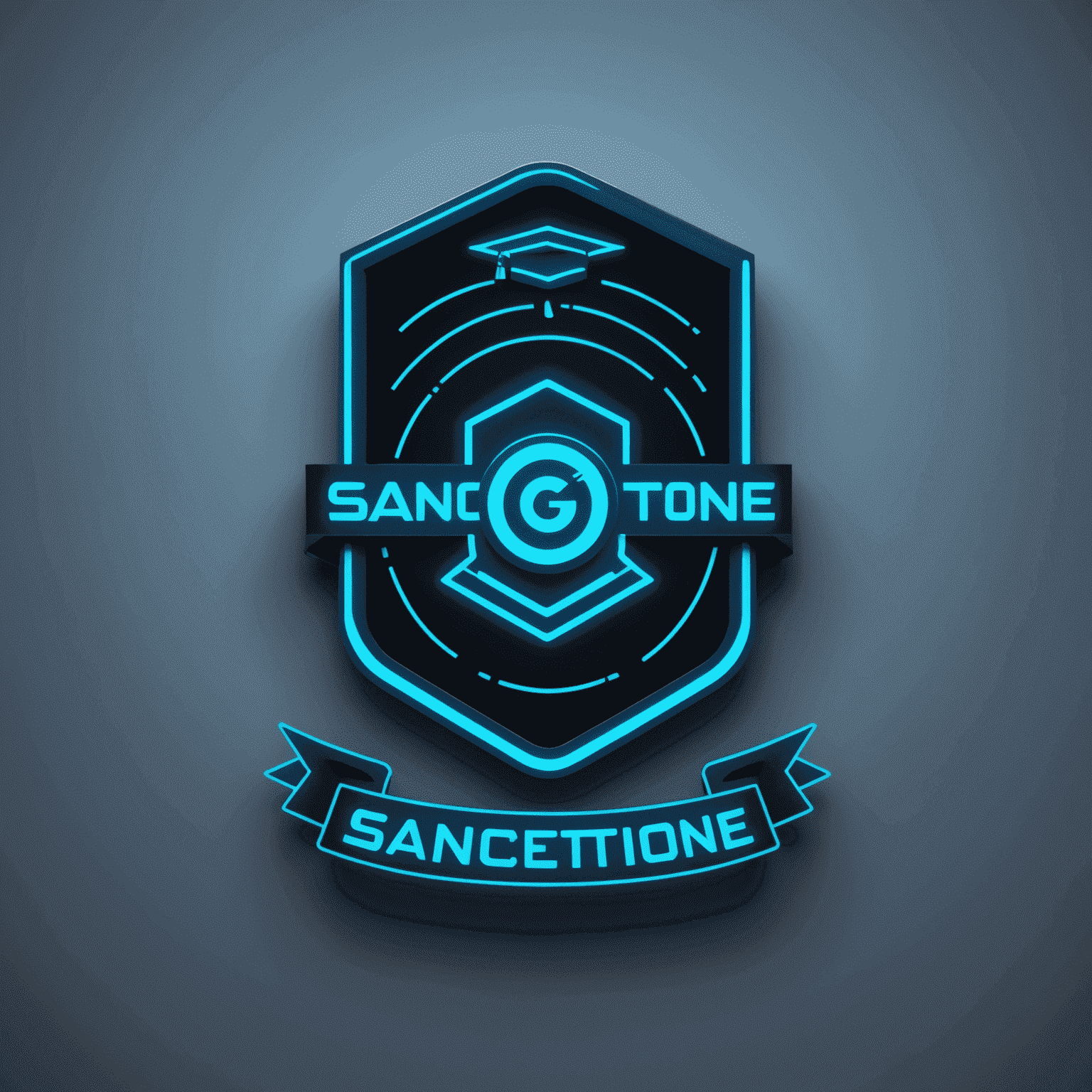 SanctionGraduate Logo - A futuristic, neon blue text with a broken phone icon