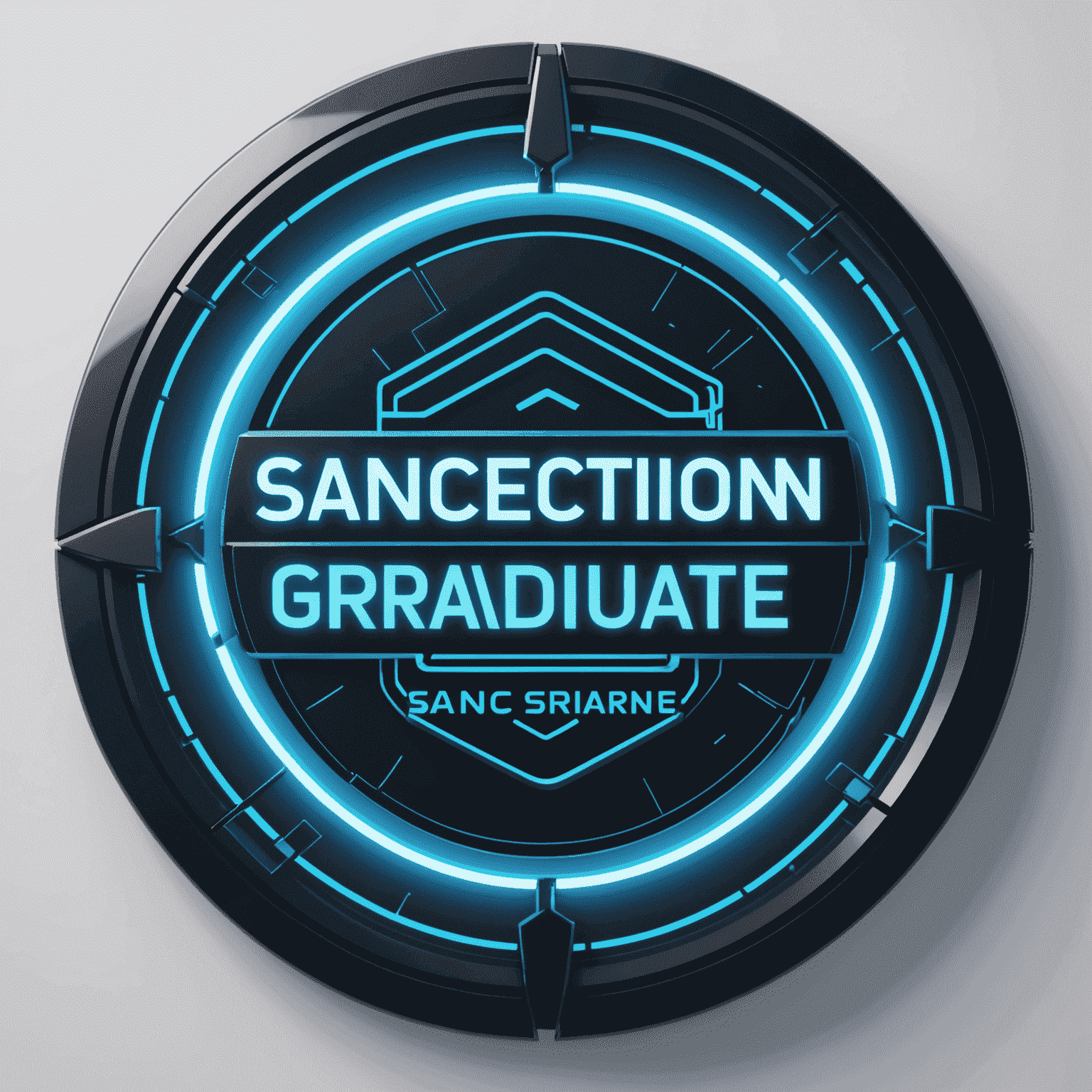 SanctionGraduate Logo - A futuristic, neon blue text with a broken phone icon