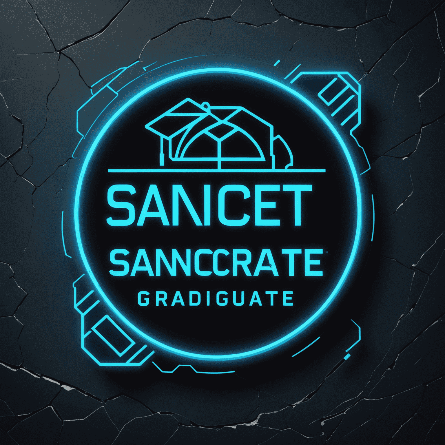 SanctionGraduate Logo - A futuristic, neon blue text with a broken phone icon