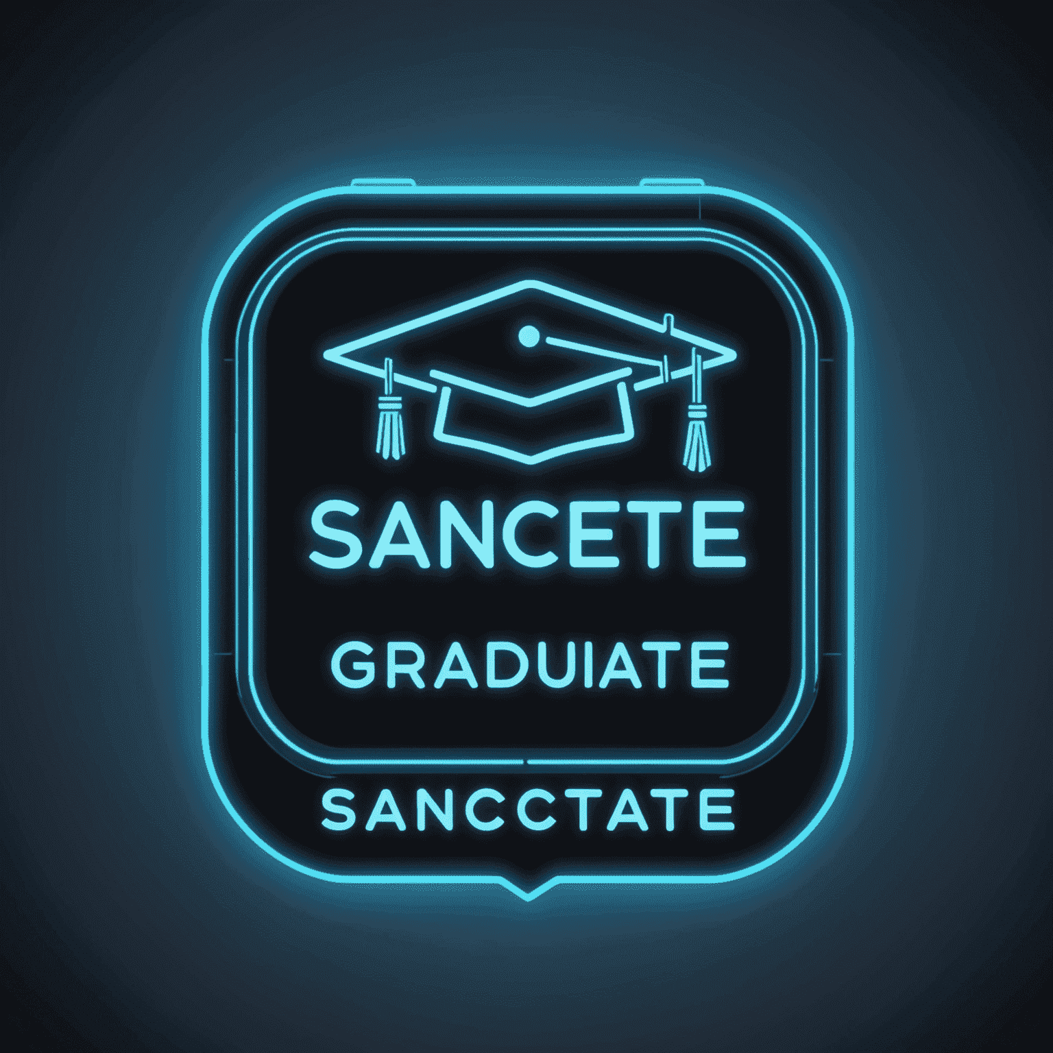 SanctionGraduate Logo - A futuristic, neon blue text with a broken phone icon