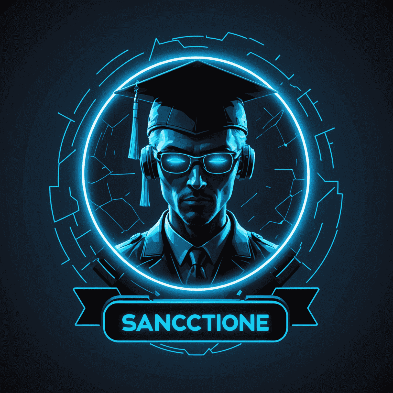 SanctionGraduate Logo - A futuristic, neon blue text with a broken phone icon