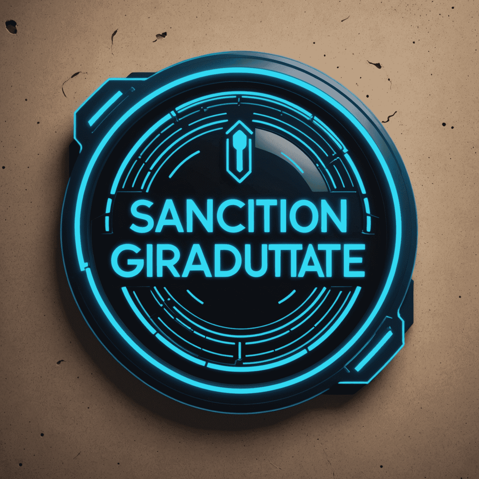 SanctionGraduate Logo - A futuristic, neon blue text with a broken phone icon