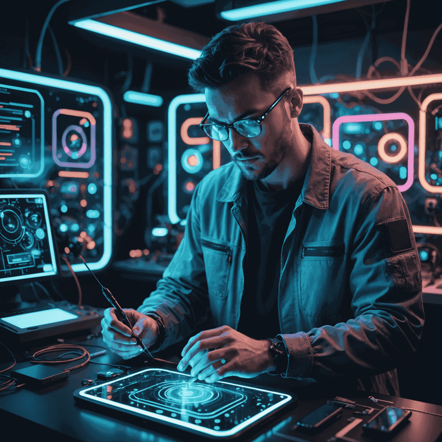 Futuristic repair technician working on a holographic phone display, surrounded by neon lights and floating UI elements