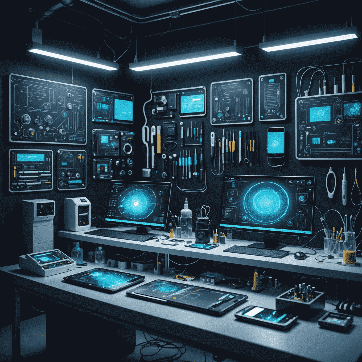 Futuristic repair lab with holographic displays showing smartphone schematics and repair tools glowing with neon lights