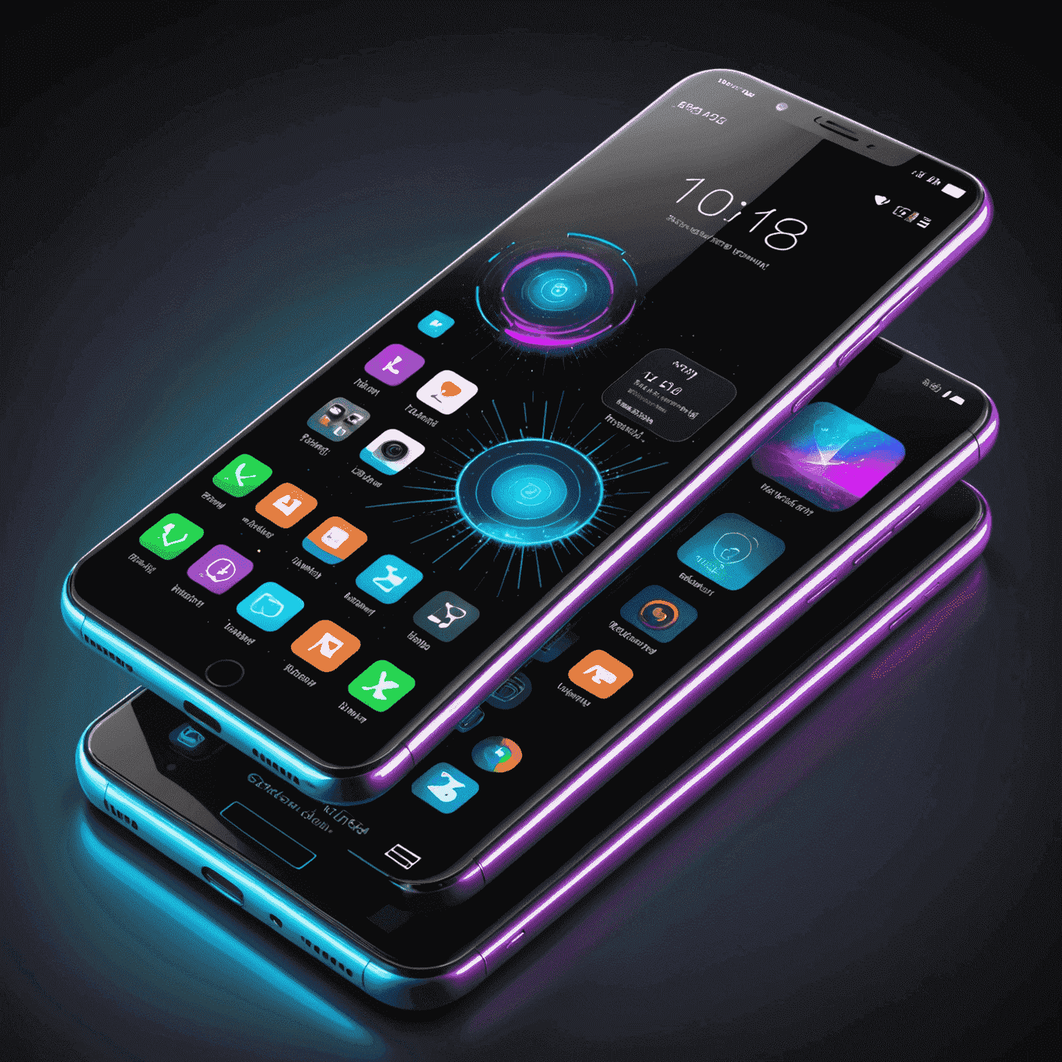 Futuristic display of latest smartphone models with holographic interfaces and neon accents