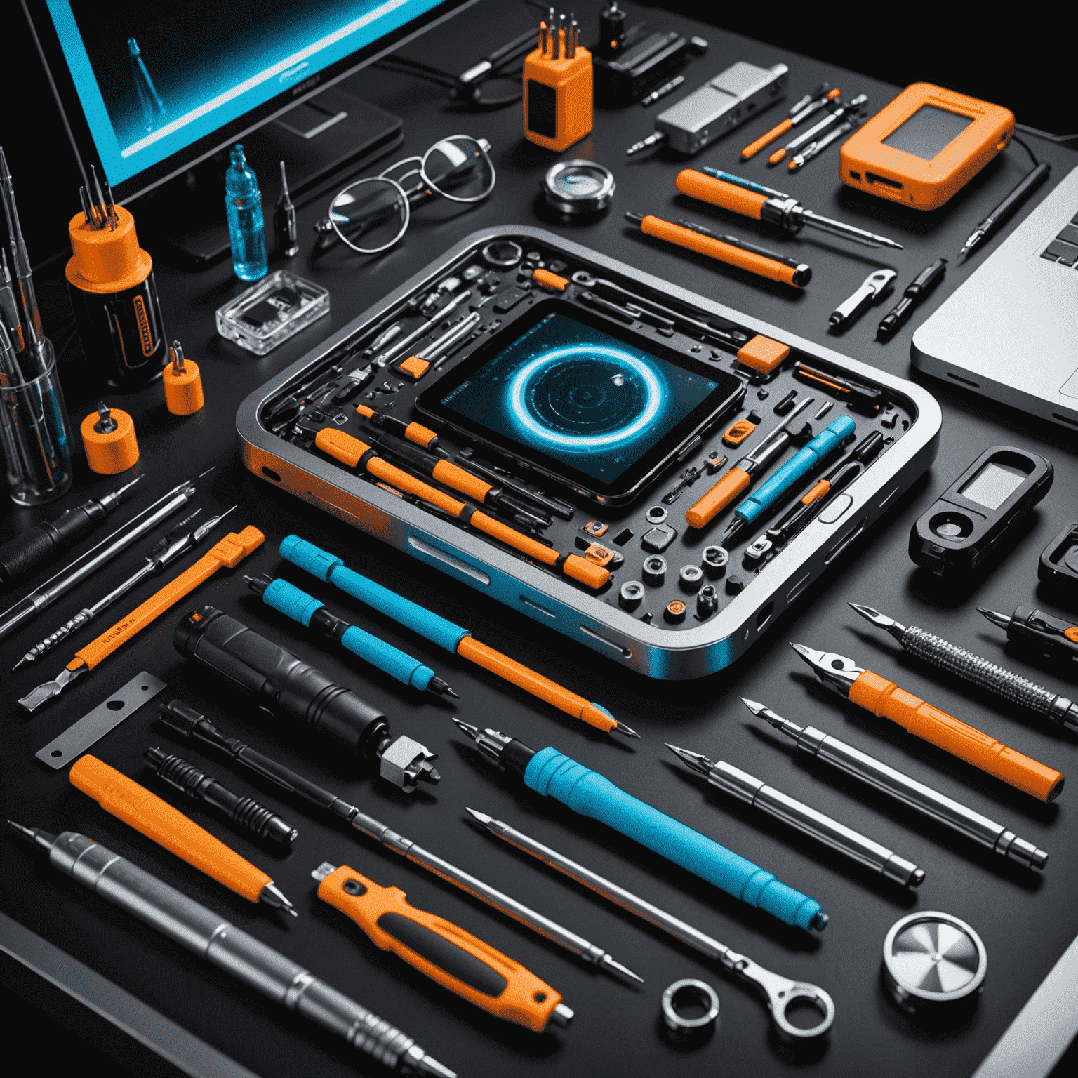 A futuristic workstation with various phone repair tools laid out, including precision screwdrivers, pry tools, and a magnifying glass. The tools have neon accents and are arranged on a sleek, metallic surface.