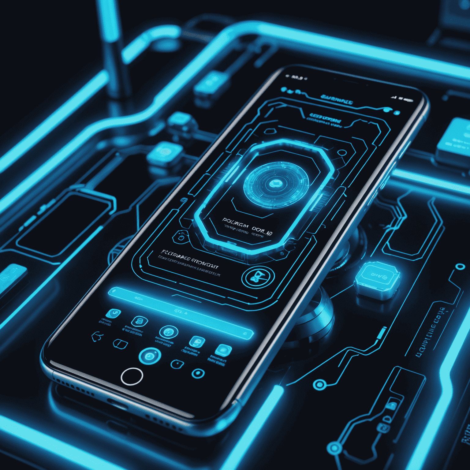 Futuristic phone diagnostic equipment scanning a smartphone with holographic interface and neon blue lights