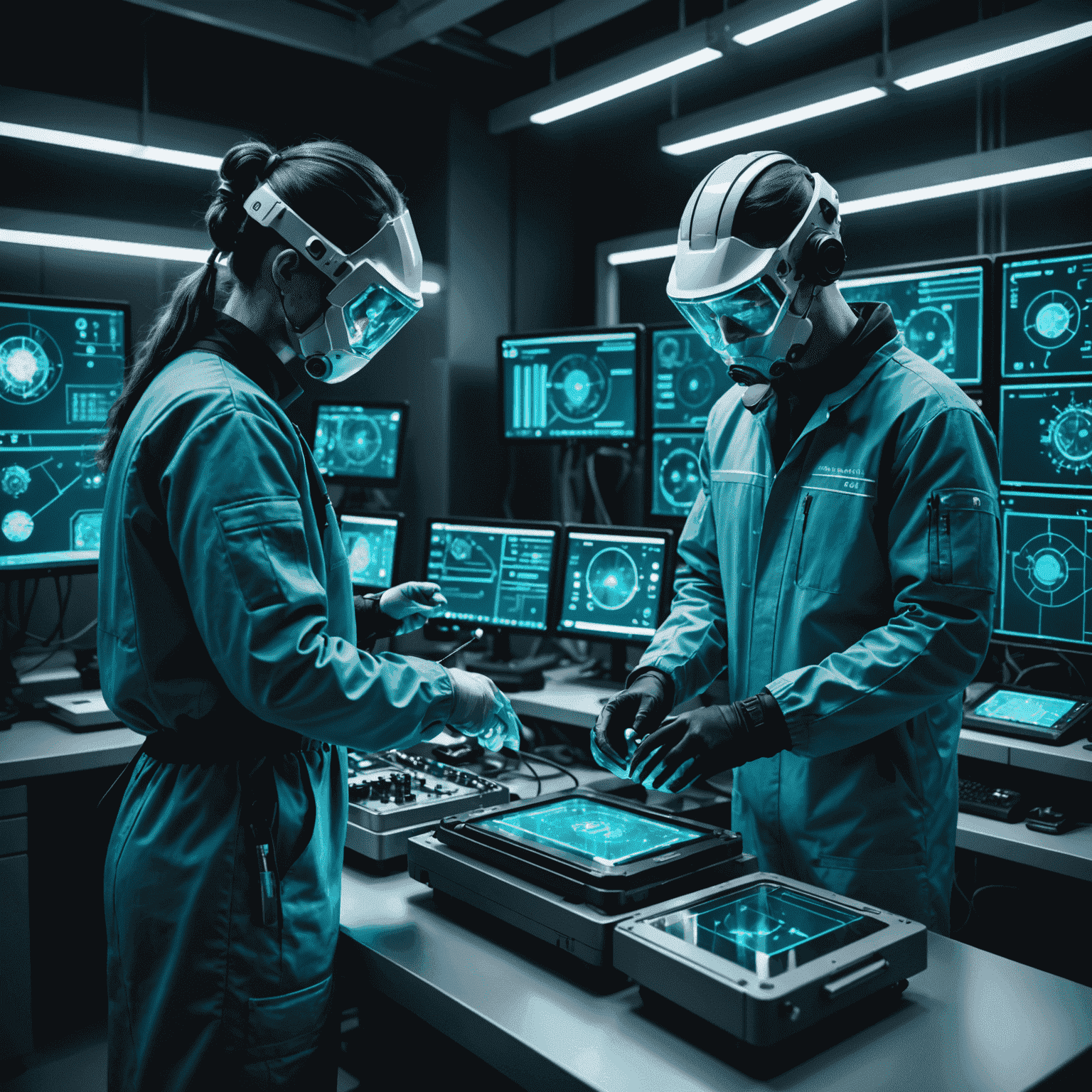 A futuristic laboratory setup with holographic displays showing phone schematics and diagnostic data. Technicians in cyberpunk-style protective gear are analyzing devices using advanced tools.