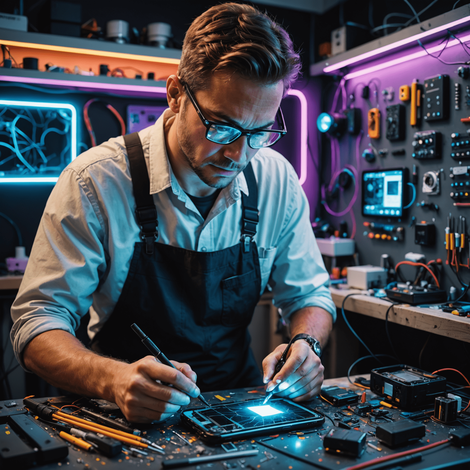 A technician carefully replacing a cracked smartphone screen, surrounded by high-tech repair tools and neon lights