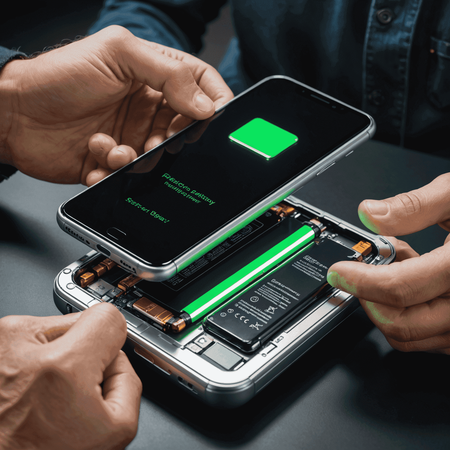 Futuristic battery replacement process for smartphones, showing a glowing new battery being inserted into a high-tech phone chassis