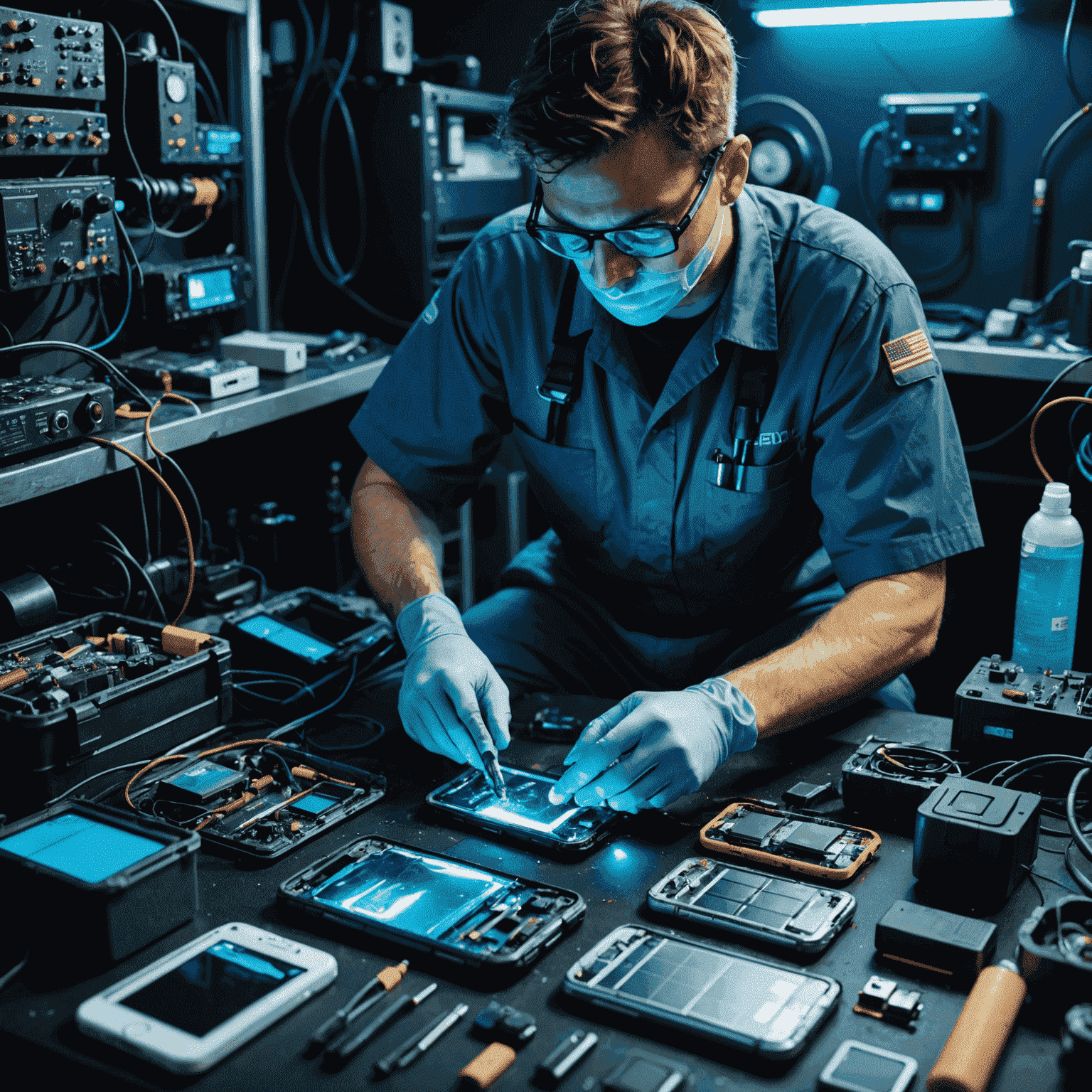 A technician carefully disassembling a water-damaged smartphone, surrounded by specialized drying equipment and diagnostic tools. The image should have a cyberpunk aesthetic with neon blue lighting.