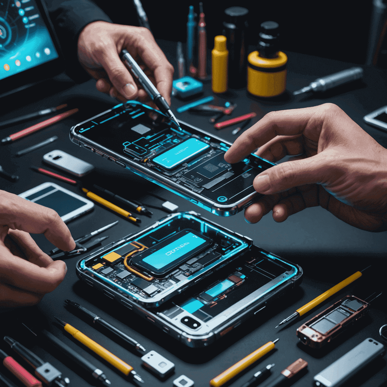 Futuristic smartphone repair techniques with holographic displays and neon tools