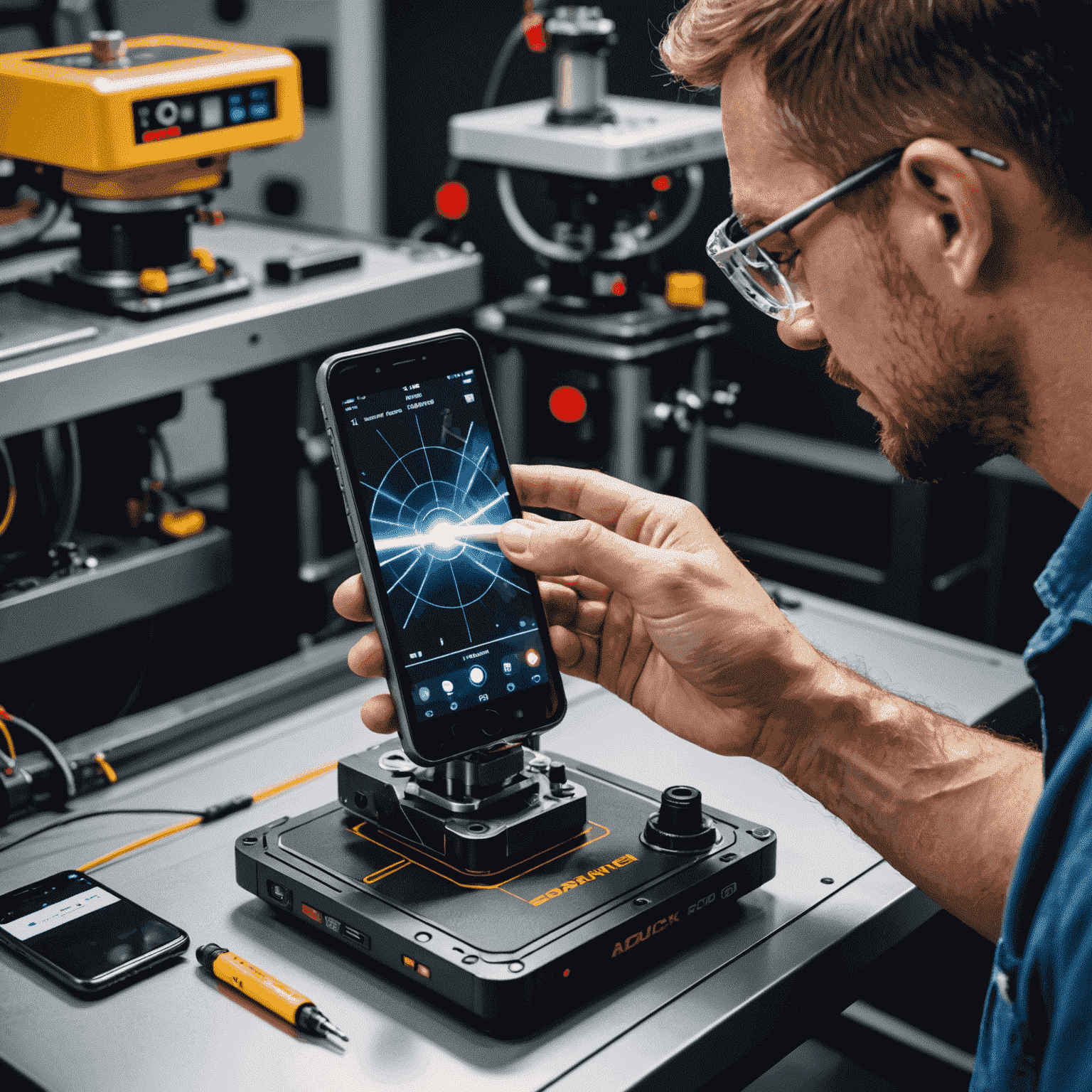 Technician using advanced laser alignment tools for precise screen replacement on a smartphone