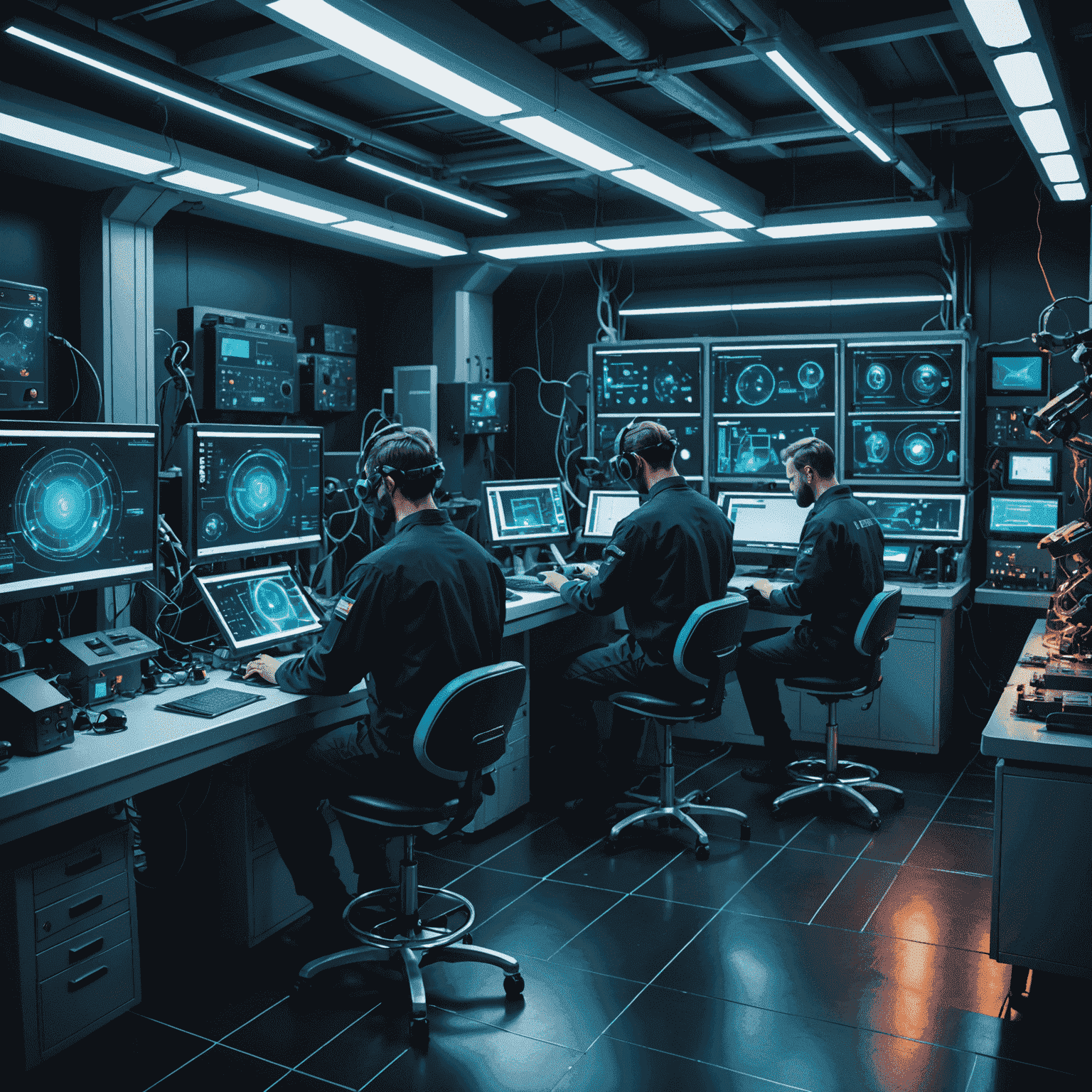 Futuristic repair lab with technicians using advanced holographic tools and neon-lit workstations