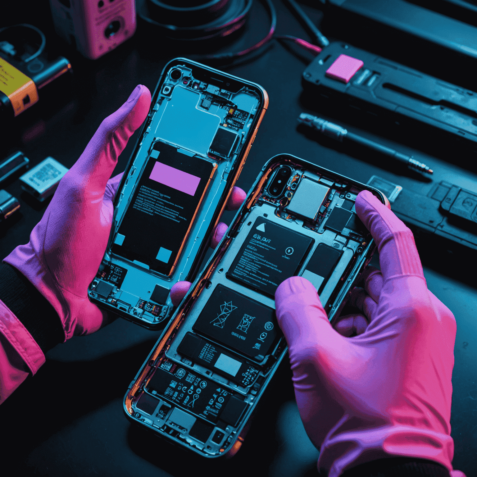 A close-up view of a smartphone with its back cover removed, revealing the battery compartment. The image shows hands wearing anti-static gloves carefully removing an old battery, with a new battery nearby ready for installation. The scene is lit with a cyberpunk-style blue and pink glow.