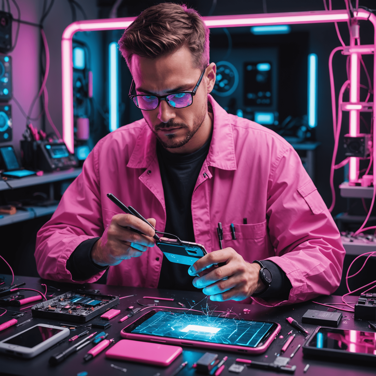 Technician replacing a cracked phone screen with a new one, surrounded by neon pink tools and holographic display