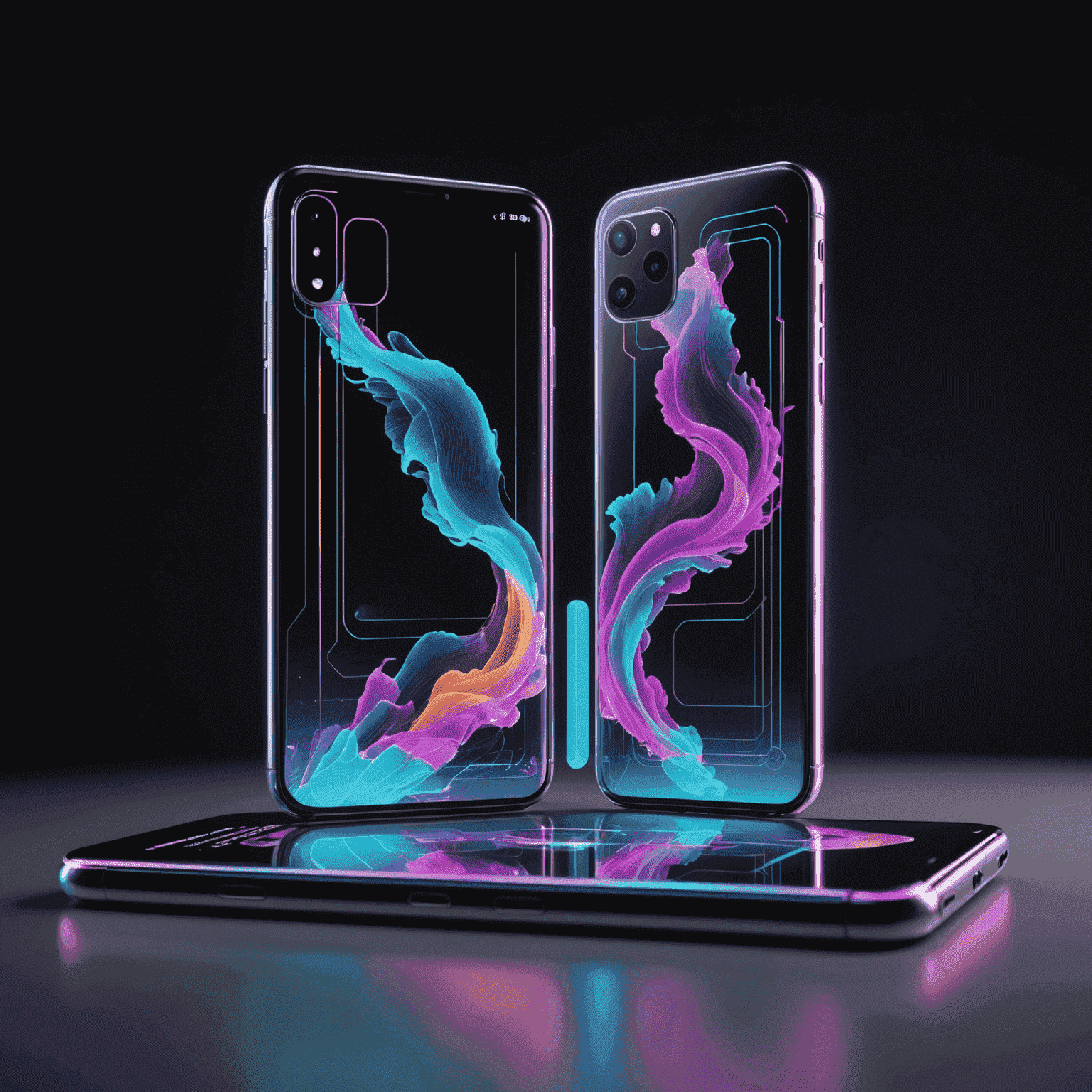 Holographic display of latest phone models with glitch effects and neon outlines