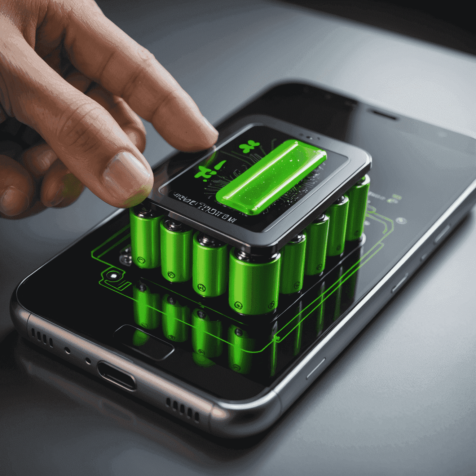 Futuristic battery with glowing green energy cells being installed into a smartphone