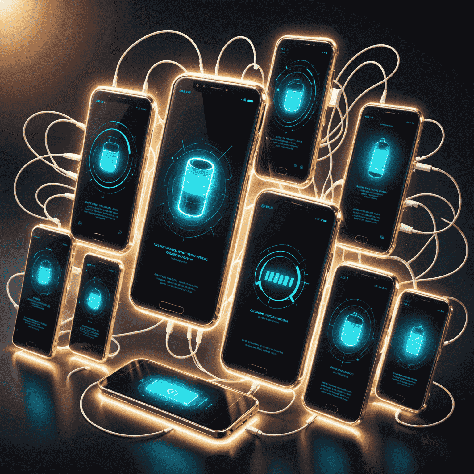 Futuristic banner showing various phone models with glowing battery indicators, surrounded by electric arcs and data streams