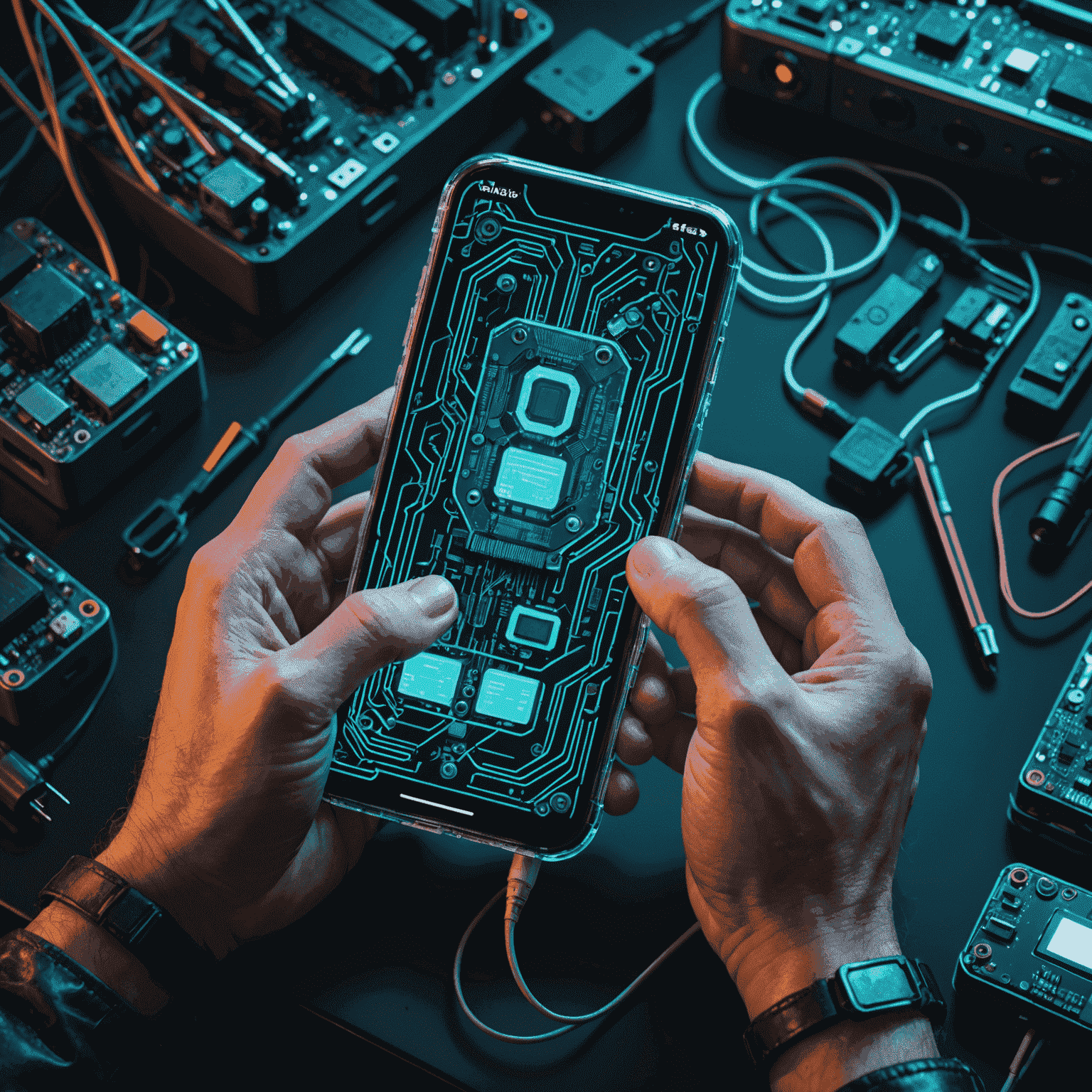 Cyberpunk-style illustration of hands repairing a phone with neon tools and circuit patterns