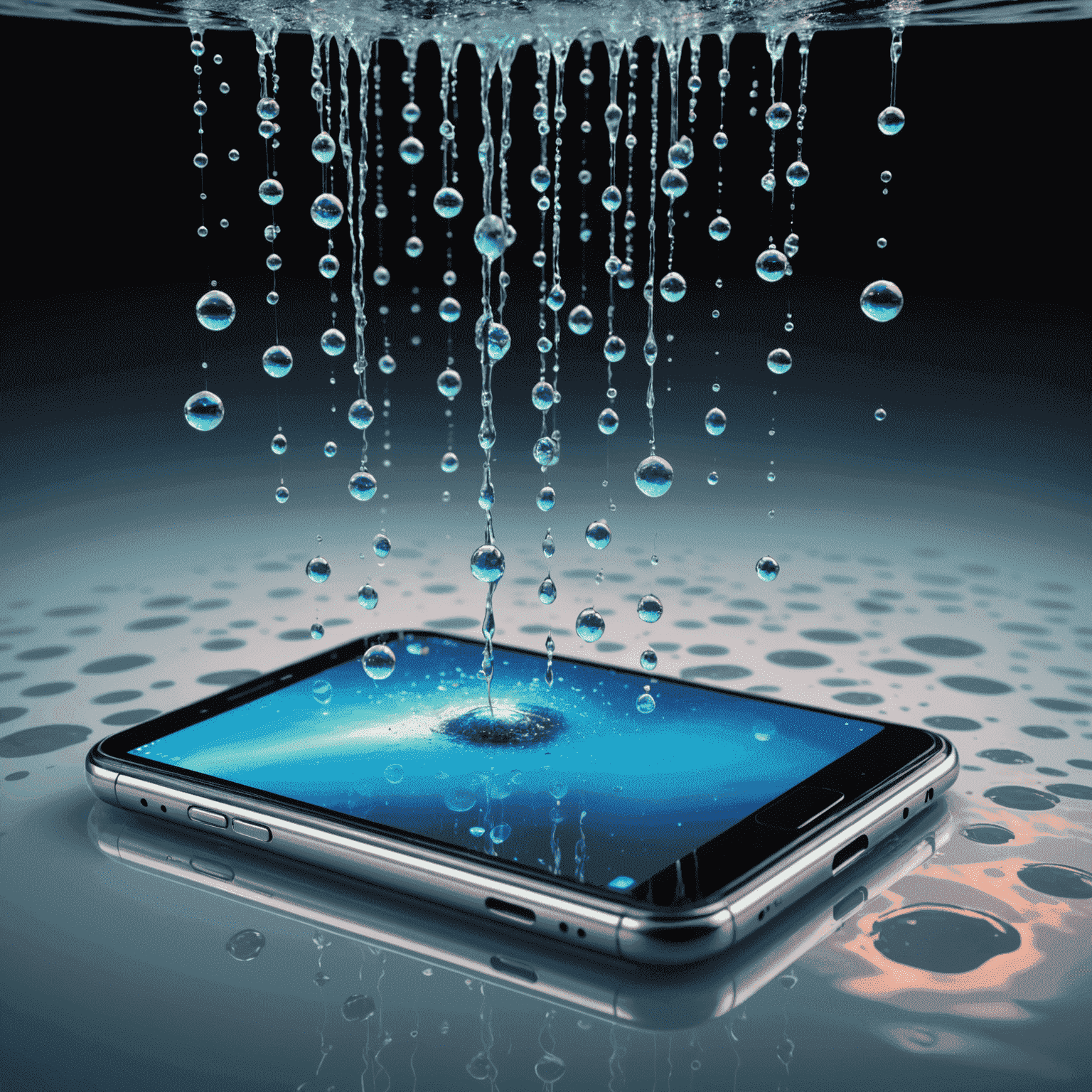 Submerged smartphone being treated with advanced drying technology, surrounded by holographic water droplets