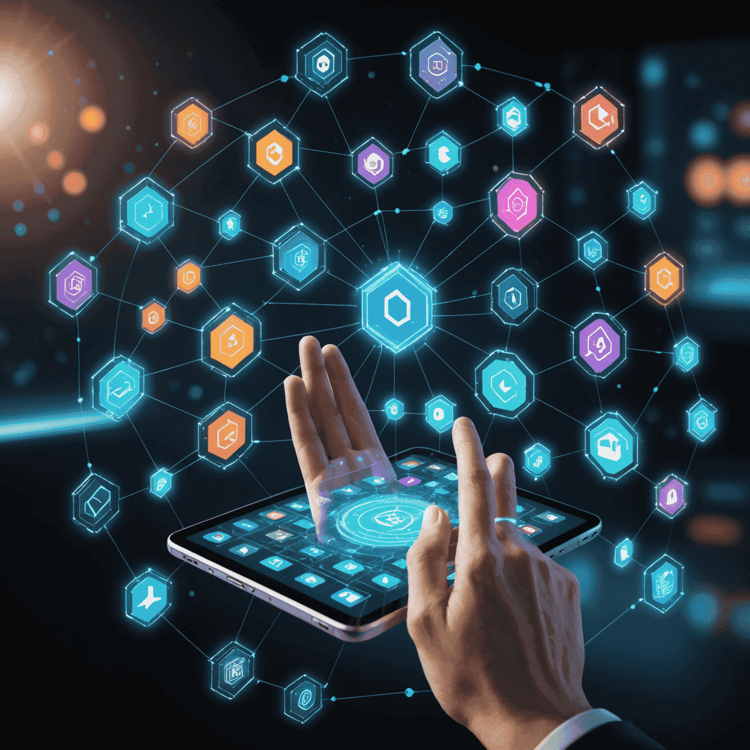 Holographic interface showing various app icons and code fragments being manipulated by virtual hands